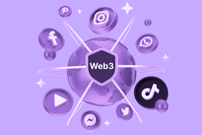 Web3 Shield with Social Media Icons Surrounding the Globe