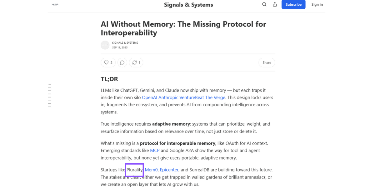 Plurality Network Has Built The Missing Interoperability Protocol For AI Without Memory!
