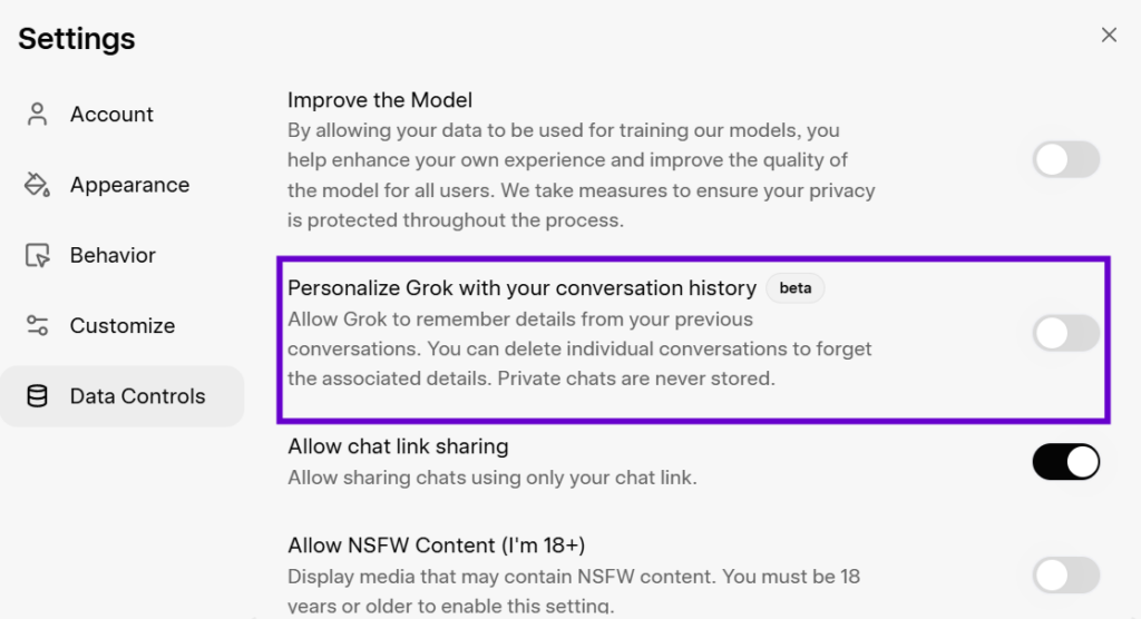 personalize grok with your conversation history