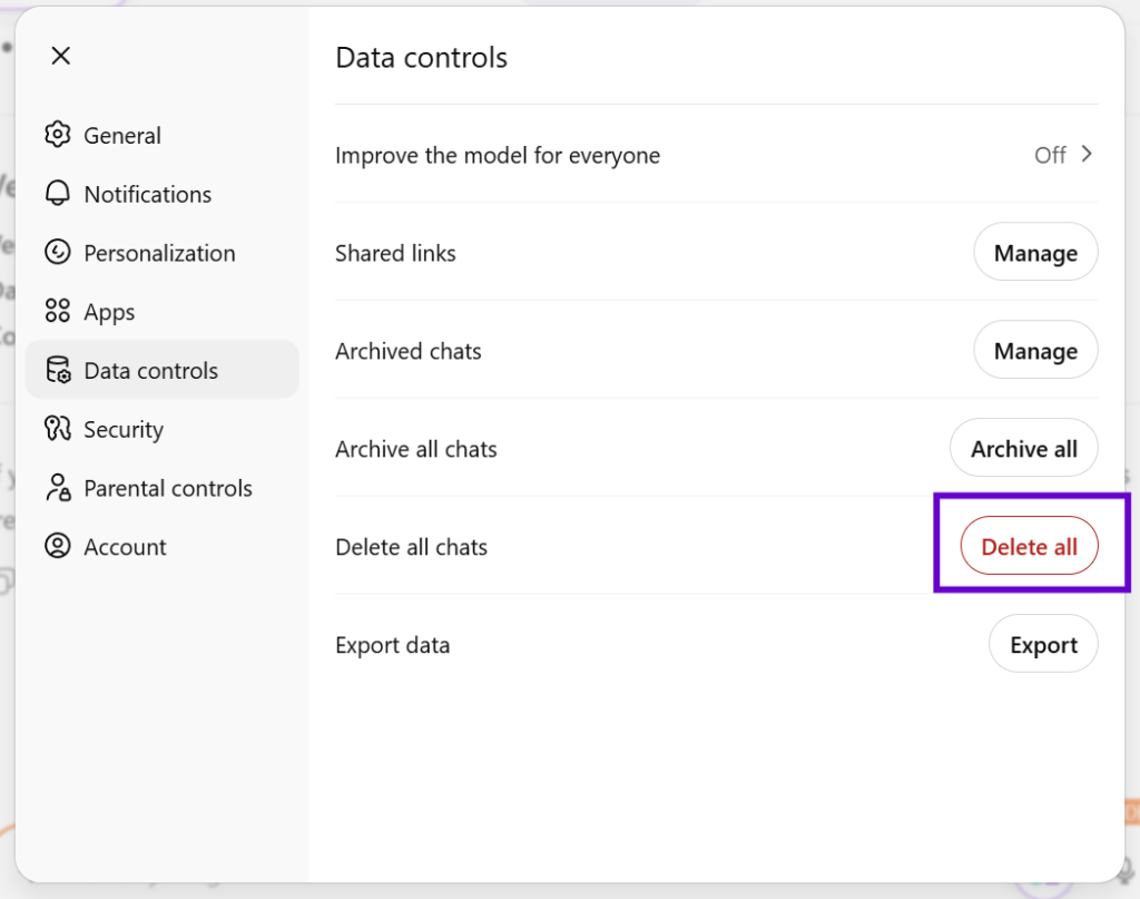 ChatGPT delete all data